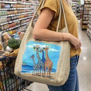 Hand Painted Cee Klein Giraffe Genuine Gold Leather Handbag Purse Bag Tote